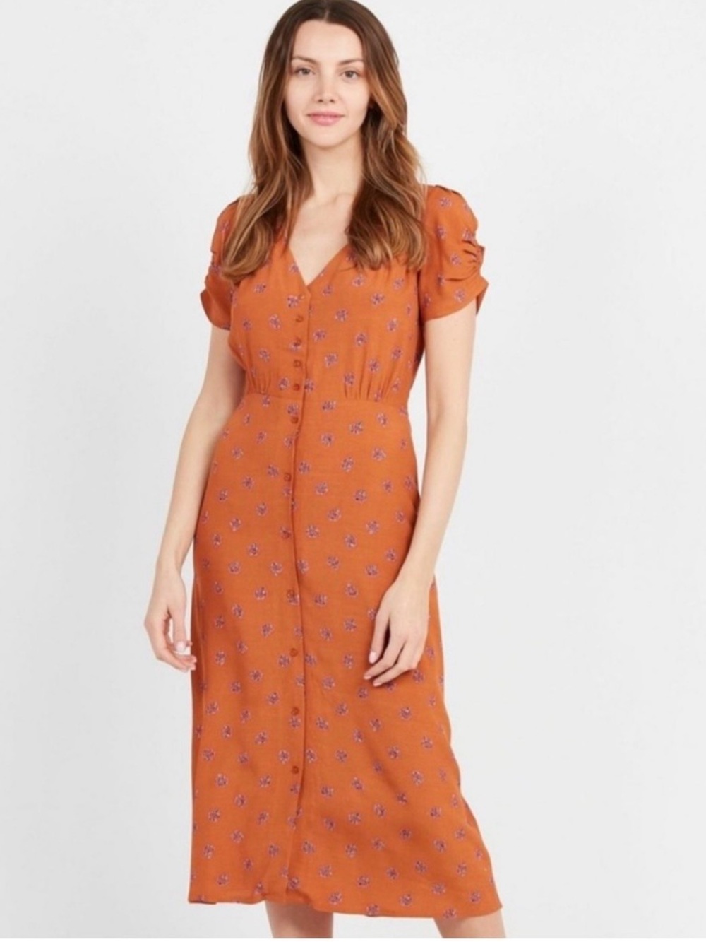 Sessùn Burnt Orange Floral Midi Dress with gathered sleeves